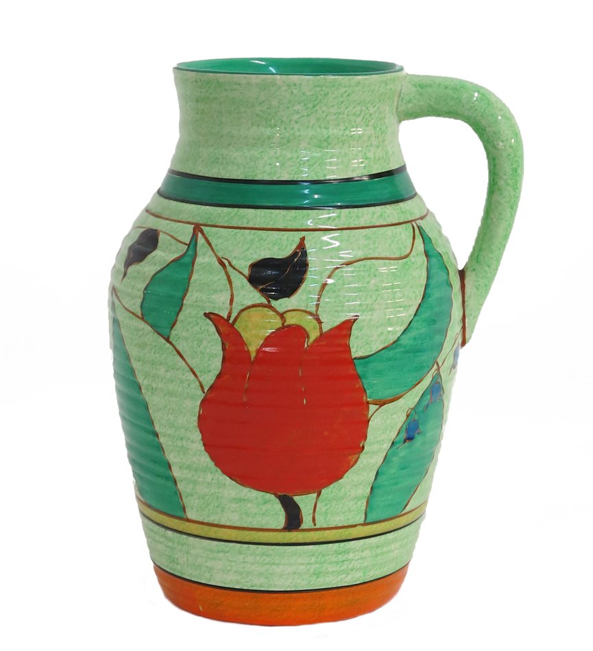 Clarice Cliff Café Au Lait Tulips Lotus Jug: Bizzarre ware "Café Au Lait" Lotus Jug designed by Clarice Cliff. Rare pattern. Height: 12 Width: 9 Depth: 8