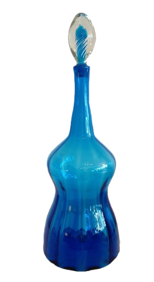 Large Blue Blenko Decanter with air twist stopper: Large Blenko Decanter with air twist stopper. HEIGHT: 24.5 n. WIDTH: 8.5 in.