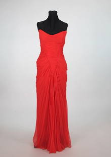 Maggy Rouff Coral Silk Jersey Evening Gown: Coral silk jersey boned bodice evening gown- approx size 2