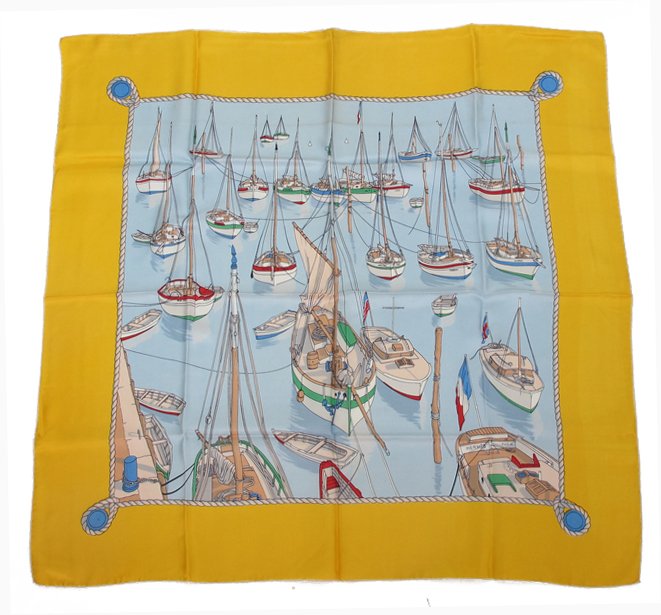 Hermes Sail Boat Scarf 1960s: Silk twill scarf 33â€ x 33â€