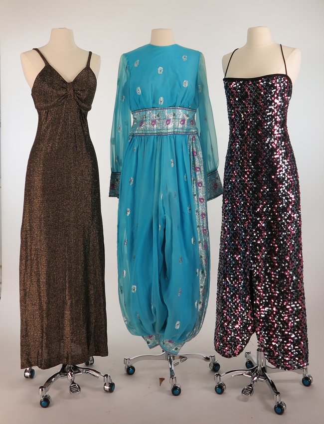 Three 1970s Maxi Dresses Turquoise Silver Metallic: Funky of California sequin maxi dress 3 long dresses/jumpsuit in assorted fabrics
