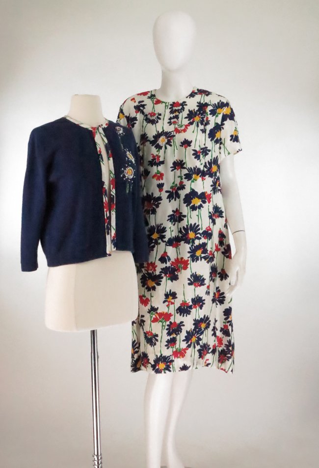 1960s Vintage silk print dress with beaded detail at: Silk printed short sleeve dress with glass beaded trim & matching navy blue sweater with fabric & bead applique