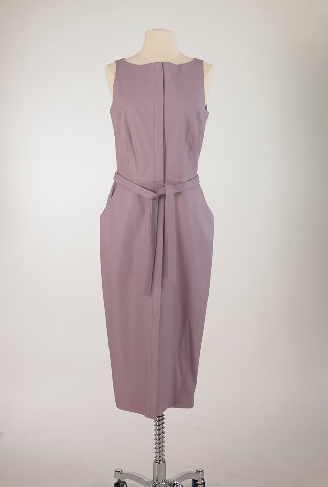 Richard Tyler Couture Lavender Leather Shift Dress with: Soft lavender sleeveless hidden leather zipper front dress, hip front pockets, lined, with original belt