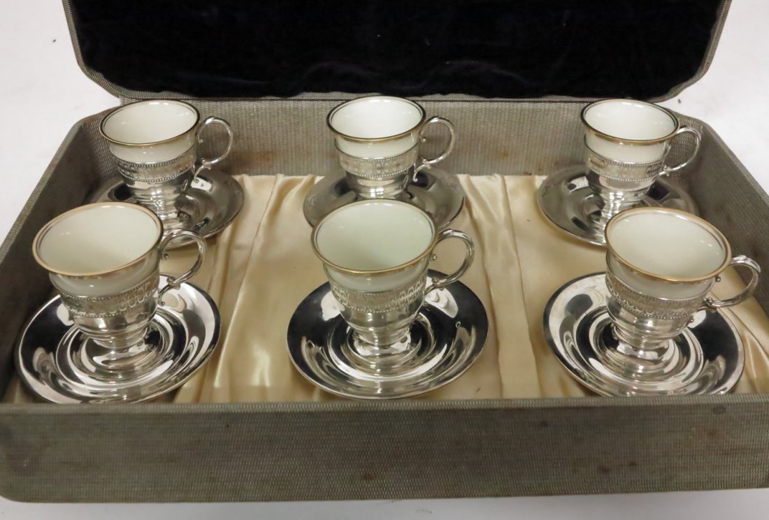 6 Piece Demitasse Set Silver and Porclain: Box labeled sterling silver pieces not marked Box: 3.5x16.5x11