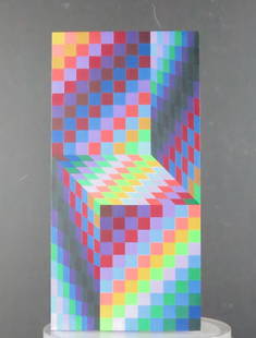 Victor Vasarely Sculpture: Victor Vasarely, French, (1906-1997) "Bidim-MC" 1988, trapezoidal block, decorated front and back with colored cubes, numbered 145/175, acrylic on Panel 27.5 high x 13.5 wide x 4 deep