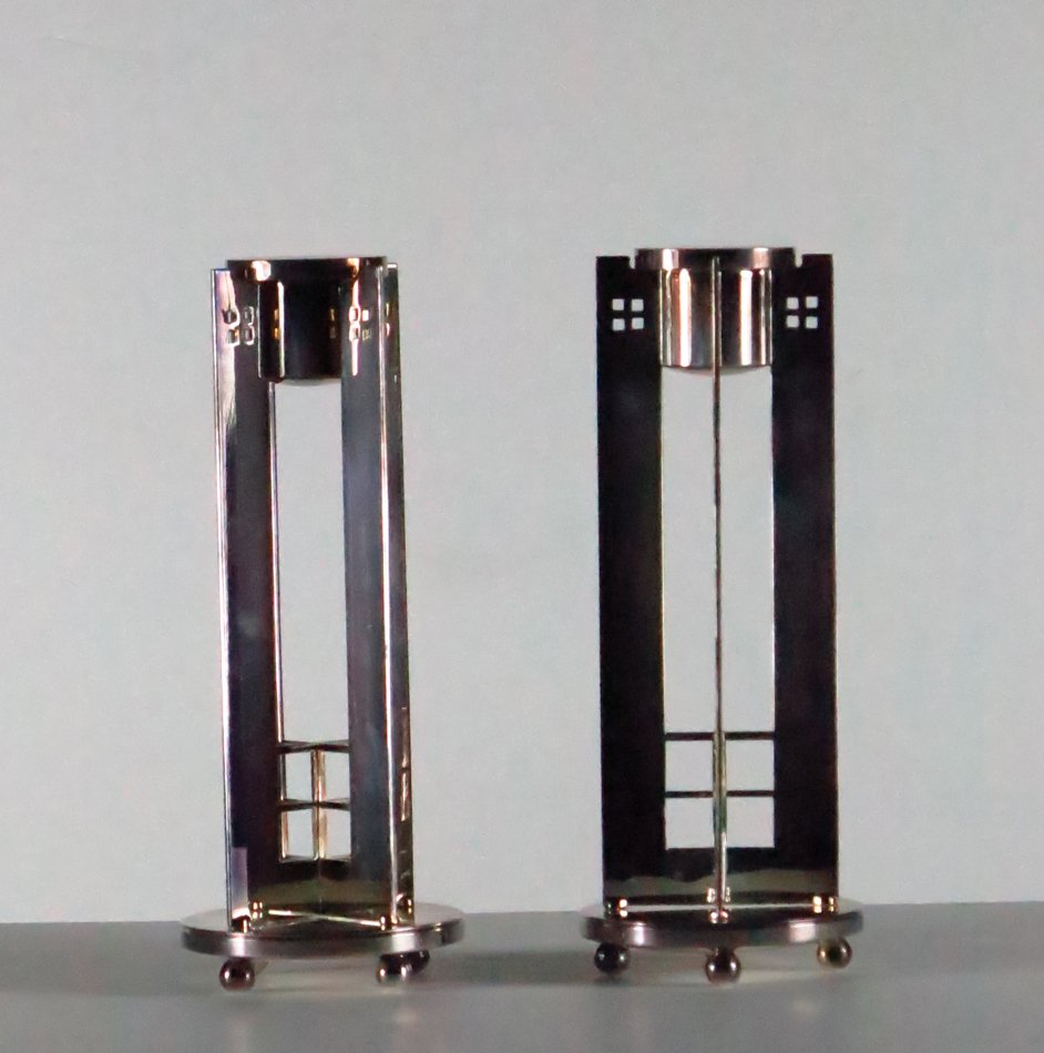 "King Richard" Candlesticks: Swid-Powell, Richard Meier, "King Richard", candlesticks X-form steel and circular base with ball feet 9.5xx