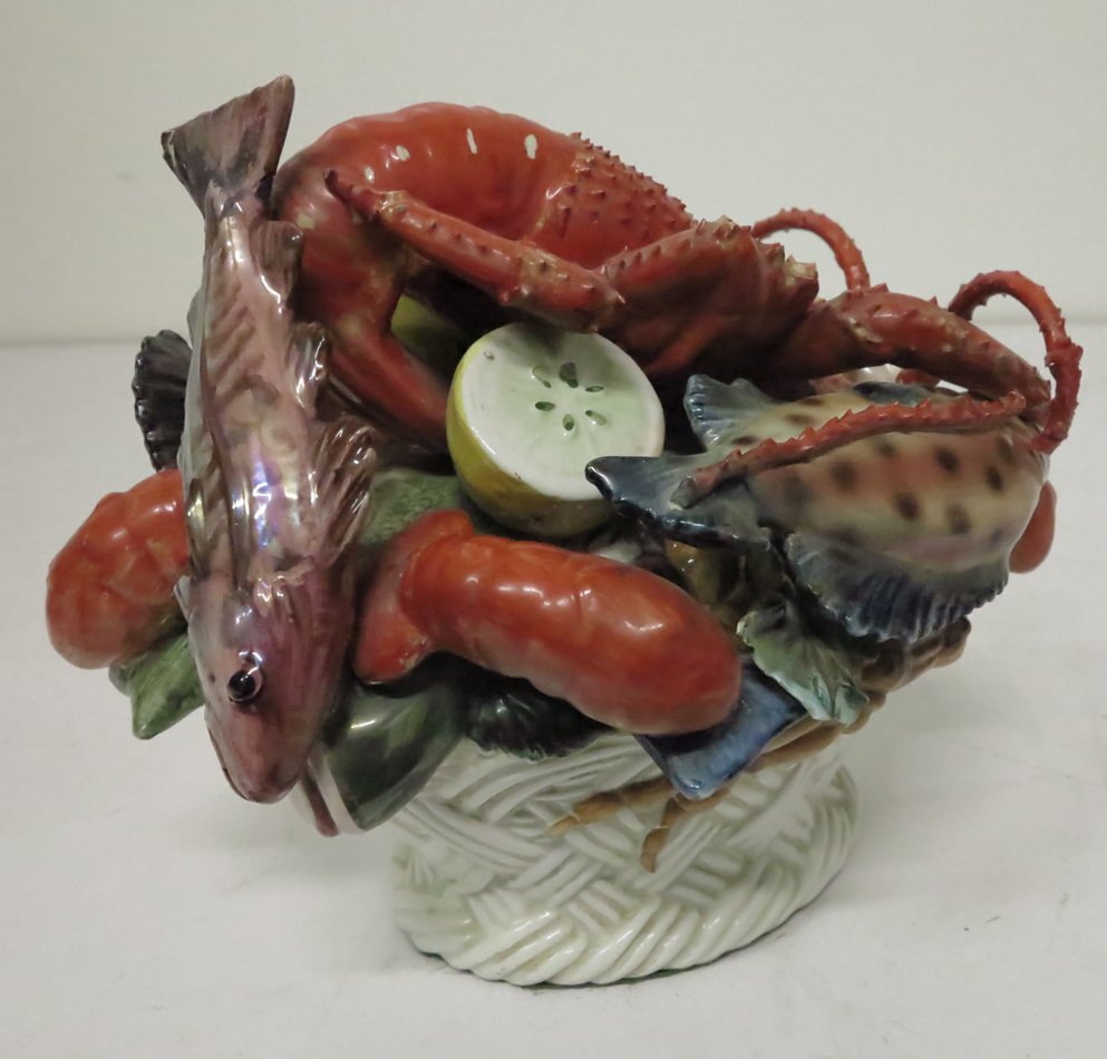 Capodimonte Lobster and Fish bowl: Capodimonte figural lobster and fish bowl. 9.25x12.5x11