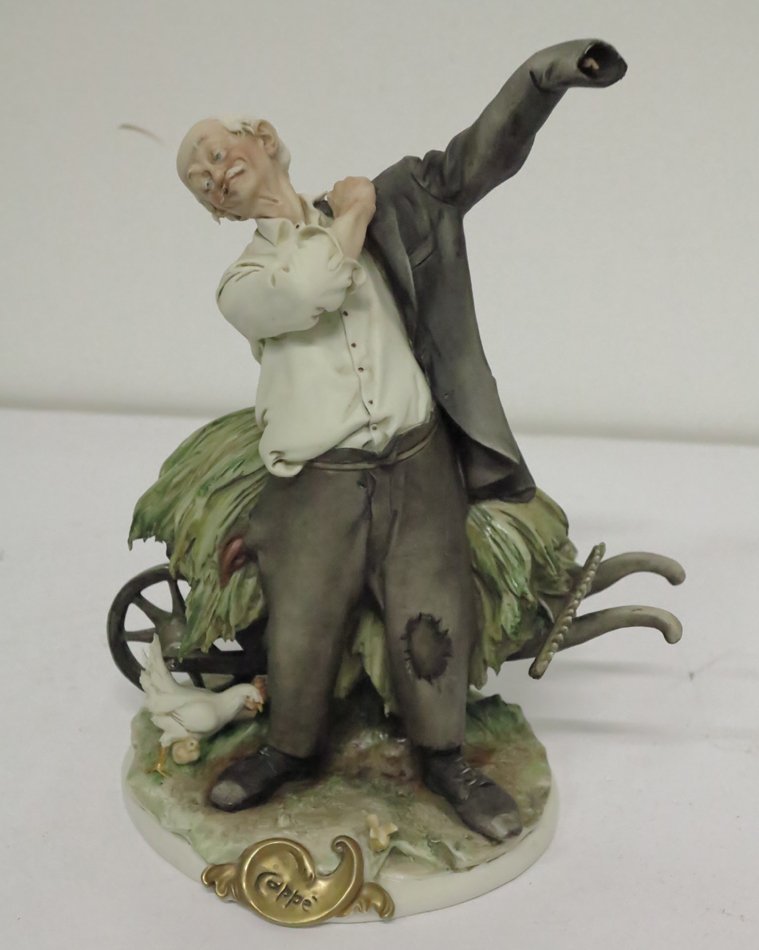 Capodimonte signed figure with coat: Signed G Cappe works of art Italy "Ritorno Dai Campi" 60/64 Capodimonte figure 11x9x5.5