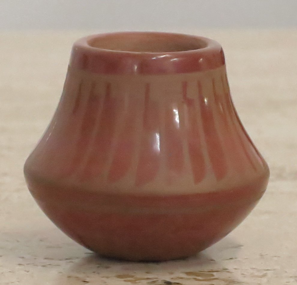 Small Pueblo Indian Pottery Vase - Blue corn: Feather design, artist signed, Pueblo Indian pottery vase - signed on bottom circa 1965 2.5x3xSan Ildefonso Pueblo