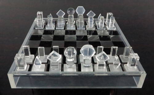 Lucite Chess Set: Post modern style, Lucite pieces on a steel and black metal board xx