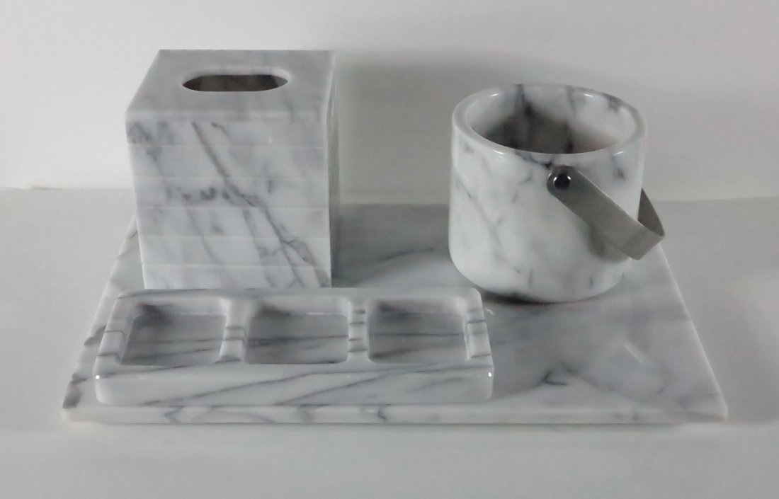 Four pc marble vanity set: White marble vanity set tray measures 18 inches by 12 inches