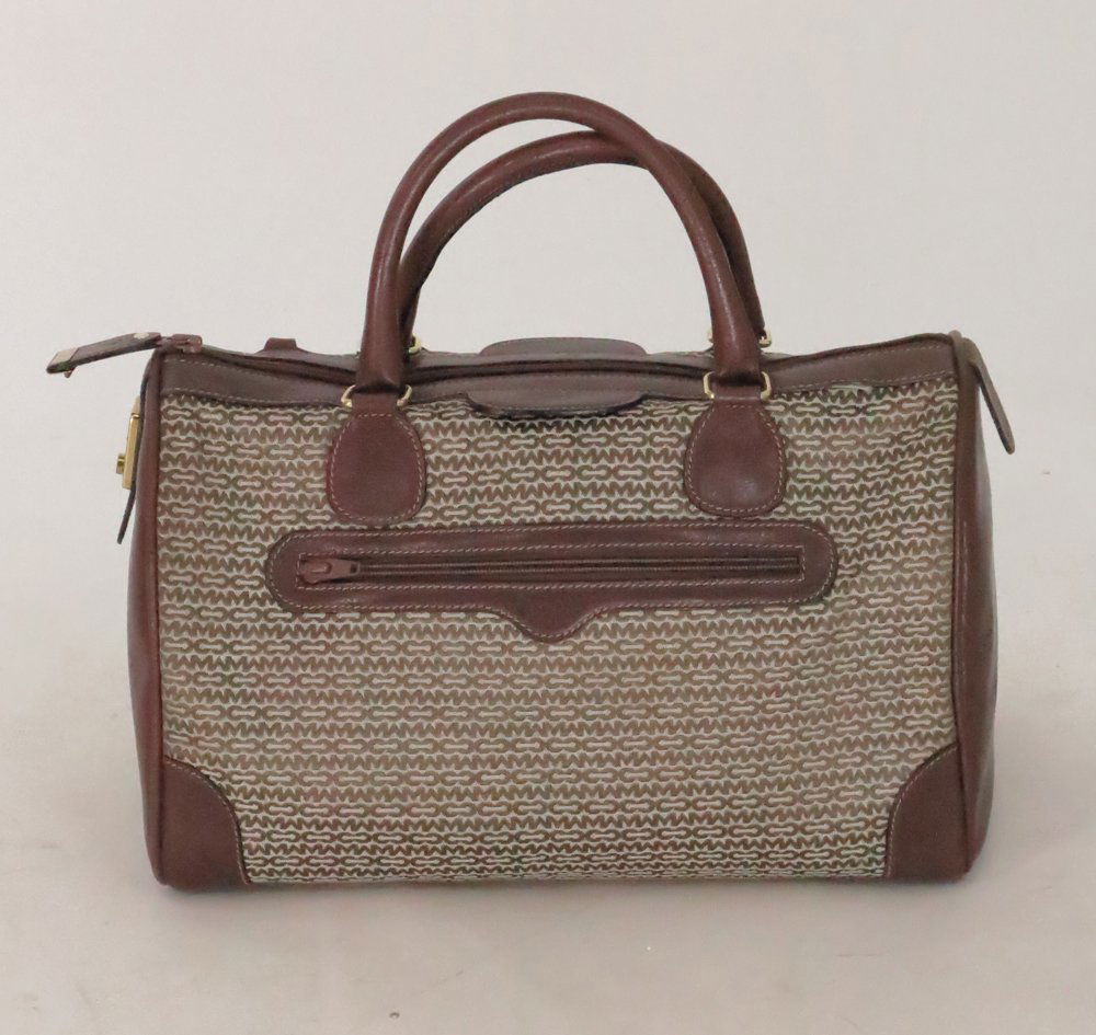 Vintage Mark Cross Dr speedy hand bag satchel: Leather trim hand bag with logo canvas brass hardware Dr/speedy style handbag double handles original keys & shoulder strap lined in cream canvas approx 13 1/2" wide 8 1/2" high 7 1/4" deep