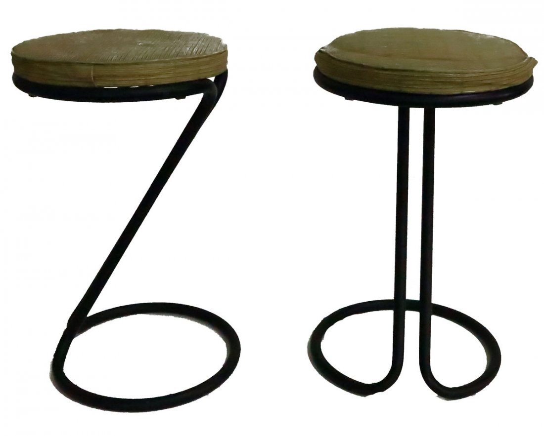 Pair Troy Sunshade Stools by Gilbert Rohde: Pair stools designed by Gilbert Rohde for Troy Sunshade; retains original label Height:24" Width: 15" Depth: