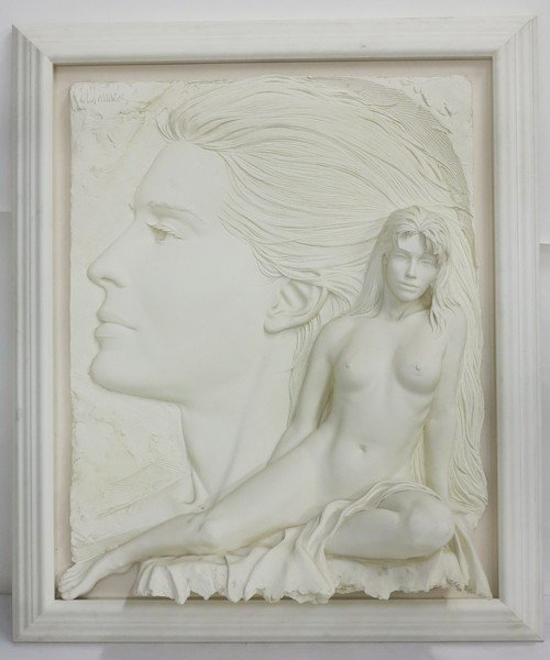 MONUMENTAL Bill Mack Plaster finish wall Sculpture: Large wall sculpture by Bill Mack; white plaster finish "nude & face" Height:42" Width: 68" Depth:16"
