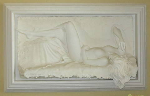 MONUMENTAL Bill Mack Plaster finish wall Sculpture: Large wall sculpture by Bill Mack; white plaster finish "nude & face" Height:60" Width: 51" Depth:17"