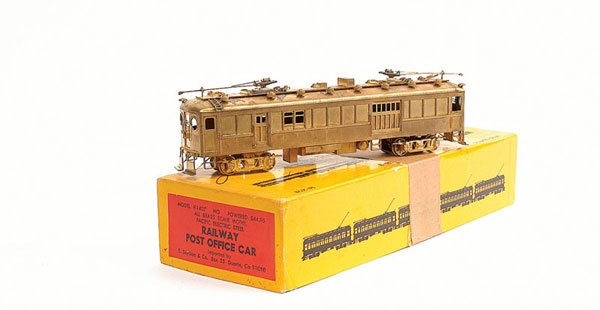 Suydam Brass HO Pacific Electric Post Office Car: Brass HO E Suydam & Co No.1407 "Pacific Electric" Powered Steel Railway Overhead Electric Post Office Car, some tarnishing to brass work but condition Excellent to Near Mint in Good Plus original box