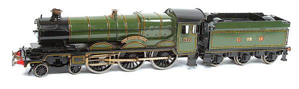 Bassett-Lowke O Gauge GWR 4-6-0 Castle: Bassett-Lowke 4-6-0 GWR green Castle Class Loco and Tender No.7001 "Sir George Milne" 3-rail 12v DC electric. This is a post-war Hunt for Bassett-Lowke model with the correct drop out chassis and was