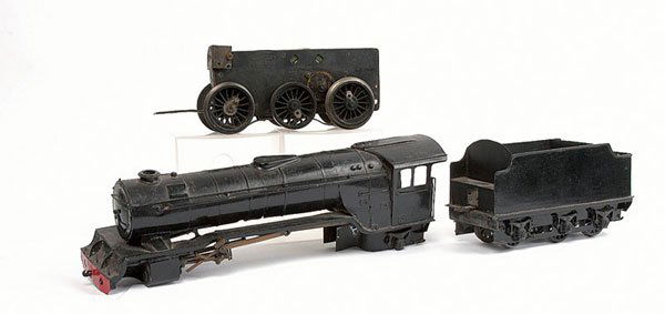 Bassett-Lowke 6 coupled 3-rail electric mech: Bassett-Lowke 6 coupled 3-rail electric mechanism. Also included with the lot is a Scratchbuilt V2 body with motion and 6-wheeled Tender together with 6 pieces of 2 and 3 rail wooden sleepered track,