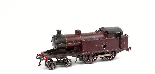 Bing or similar O Gauge C/W LMS 4-4-0 Tank: Possibly Bing or similar O gauge 4-4-0 Tank Loco LMS maroon No.3, clockwork. Loco has been repainted in LMS maroon and black, transferred LMS to tank side and No.3 to bunker side.