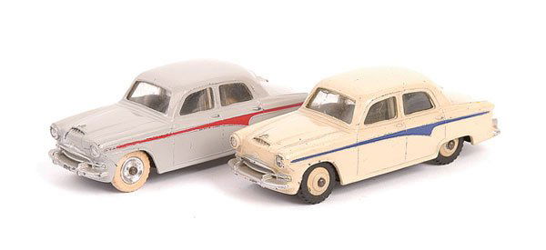 Dinky No.176 Austin A105 - A Pair: Dinky - No.176 Austin A105 - a pair (1) grey, red side flash, chrome spun hubs with white tyres - Good Plus and (2) cream including ridged hubs, blue side flash - Good to Good Plus. (2)