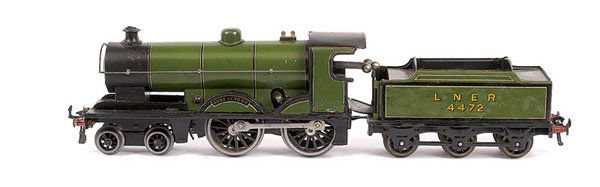 Bassett-Lowke O Gauge 4-4-4 "Duke of York": Bassett-Lowke O Gauge 4-4-4 Loco and Tender green "Duke of York", clockwork. Loco is Fair to Good. Complete with a 6-wheel Bing Tender LNER green running number 4472, sides are Good Plus.