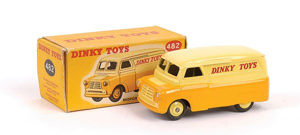 Dinky - No.482 Bedford CA Dinky Toys Van: Dinky - No.482 Bedford CA Dinky Toys Van - orange-yellow lower body, lemon yellow upper body and ridged wheels, un-numbered baseplate - Near Mint in generally Excellent but a little grubby box.