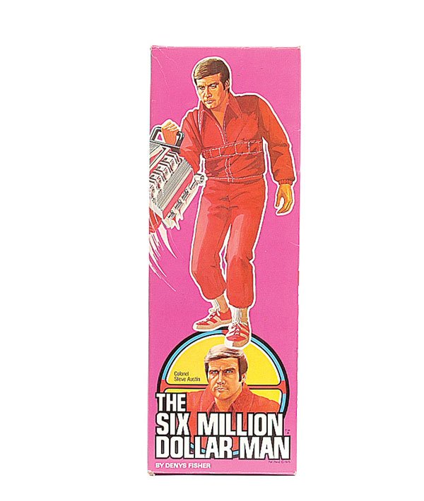 Denys Fisher "The Six Million Dollar Man" Figure: Denys Fisher "The Six Million Dollar Man" - 12" poseable Colonel Steve Austin figure - dressed in red suit complete with engine block and correct folded leaflets - Mint including backing card, outer b