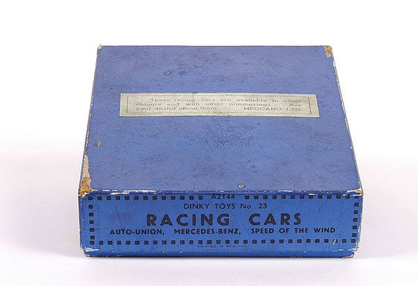 Dinky Toys Pre-war No.23 Racing Cars Empty Box: Dinky Toys Pre-war box only for Set No.23 Racing Cars - blue box with contents descriptions to underside of lid, usual wear to corners and lacks interior insert - otherwise Good.