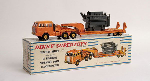 French Dinky No.898 Berliet Lowloader: French Dinky - No.898 Berliet Articulated Lowloader with Alsthom Transformer Load - orange, grey plastic transformer, twin spare wheels, yellow spun hubs to tractor unit, yellow ridged wheels to trail