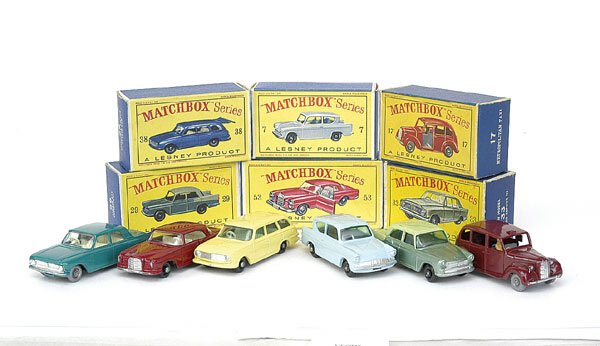 A group of 6 Cars: A group of 6 to include - (1) No.7 Ford Anglia - pale blue, black base and plastic wheels, (2) No.17 Metropolitan Taxi - maroon, dark grey base and plastic wheels, (3) No.29 Austin Cambridge - 2-tone