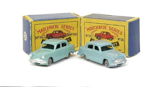 No.36 Austin - a pair: No.36 Austin - a pair (1) pale blue, black base, grey plastic wheels - Mint in Good Plus Moko Lesney box and (2) same as (1) but bluish green, black base, metal wheels - Mint in Good (although one end