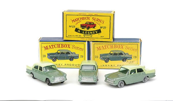 No.29 Austin Cambridge - a group of 3: No.29 Austin Cambridge - a group of 3 - (1) metallic green body, lime green roof and back, black base and plastic wheels, (2) same as (1) but grey plastic wheels and (3) same as (2) but silver plastic
