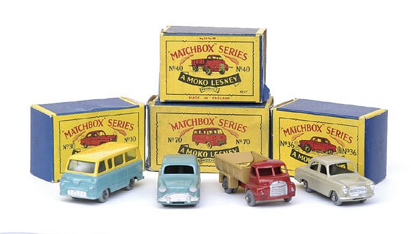 A group of 4 vehicles: A group of 4 - (1) No.30 Ford Prefect - greyish brown, metal wheels, (2) No.36 Austin A50 - blue, metal wheels, (3) No.40 Bedford Tipper - red cab and chassis, beige back, grey plastic wheels and (4)