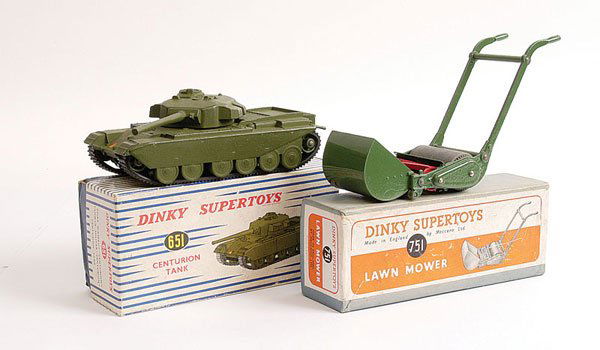 Dinky No.651 Centurion Tank & Others: Dinky - Centurion Tank and Lawn Mower. (1) No.651 Centurion Tank - green, black rubber tracks, (2) No.751 Lawn Mower - green, red - Excellent Plus pair in Good to Good Plus card boxes, one has test la