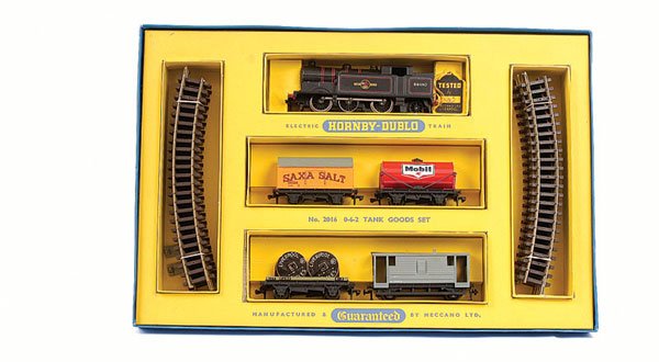 Hornby Dublo 2-Rail 2016 0-6-2 Tank Goods Set: Hornby Dublo 2-Rail 2016 0-6-2 Tank Goods Train Set comprising BR black N2 Class Tank Loco No.69550, 4 x Goods Vehicles (Mobil Oil Tanker, Low Sided Wagon with cable drums, Superdetail Saxa Salt Wagon