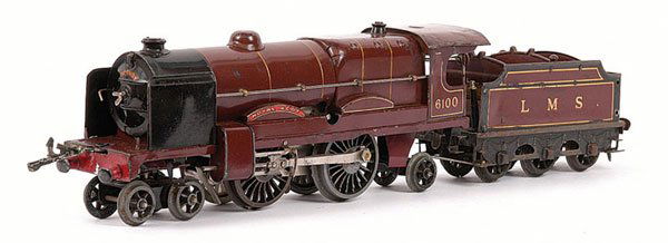 Hornby No.3C 4-4-2 "Royal Scot" No.6100: Hornby O Gauge No.3C 4-4-2 Loco and Tender LMS maroon "Royal Scot" No.6100, Clockwork. Fair to Good.