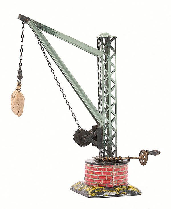 Bing Gauge 1 Station Crane: Bing Gauge 1 Station Crane mounted on a base measuring 3 1/2" square and standing 11" tall. Base finished in black with yellow speckled with the crane mounted on a brake effect base. The crane can be