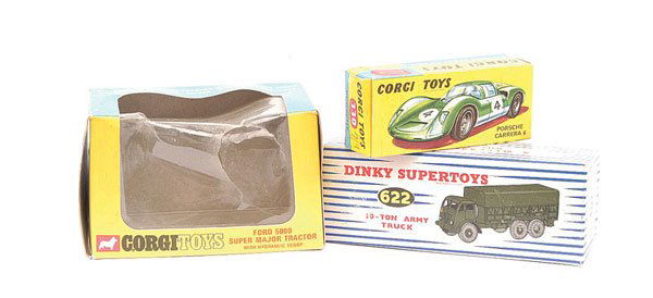 Corgi - A Group of Empty Boxes: Corgi empty boxes No.330 Porsche Carrera 6 - Good, No.74 Ford 5000 Super Major Tractor with hydraulic scoop (although missing inner carded stand) and Dinky No.622 10-ton Army Truck - blue and white st