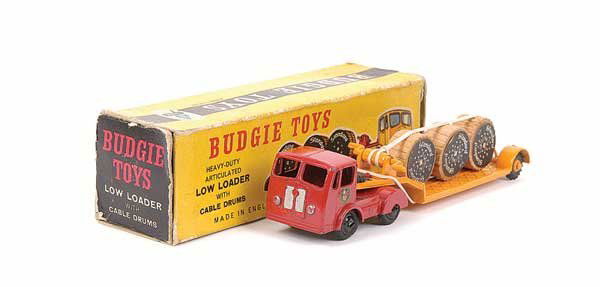 Budgie No.232 Artic Lowloader with load: Budgie No.232 Seddon Articulated Lowloader with Cable Drum Load - red tractor unit with British Road Services door decals, black metal wheels, light orange trailer without side supports, light orange