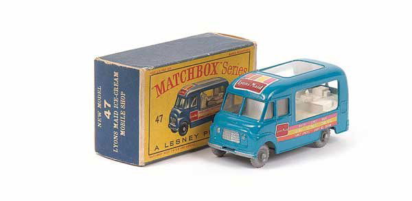 Matchbox No.47b Commer Lyons Maid Ice-cream Van: Matchbox Regular Wheels No.47b Commer Lyons Maid Ice-cream Van - blue, white interior with tall figure, small square roof decal, side decals are deep pink, lime green and orange, clip-fit baseplate, k