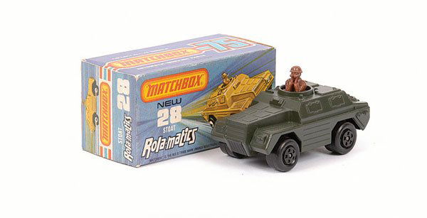 Matchbox No.28 Stoat Armoured Car: Matchbox Superfast No.28 Stoat Armoured Car - dark olive green, black base - Mint in Good Plus type 3 box.