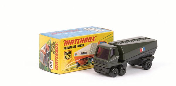Matchbox No.63 Freeway Gas Tanker Twin Pack: Matchbox Superfast No.63 Freeway Gas Tanker Twin Pack issue - dark olive green, purple windows, French flag labels, black plastic base without rear hole - Near Mint in Excellent Plus type 3 box.