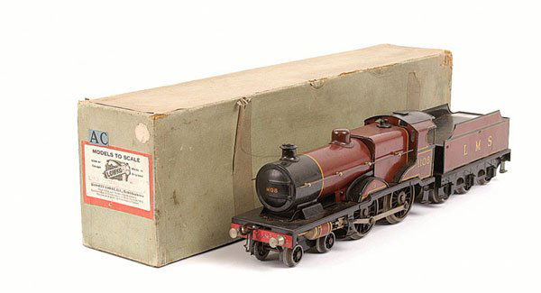 Bassett-Lowke 4-4-0 "Compound" No.1108: Bassett-Lowke O Gauge 4-4-0 Loco and Tender LMS maroon "COMPOUND" No.1108, 3-Rail Electric. Loco is Good Plus, Tender is Excellent. Contained in Bassett-Lowke box, Good.