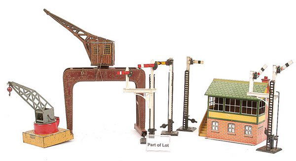 Bassett-Lowke O Gauge Signals: Bassett-Lowke O Gauge Signals consisting of double arm Junction Signals x 4, single arm x 4 and 2 x double arm, 2 overpainted and 1 repainted. The lot also includes a Ground Signal and a Loading Gauge