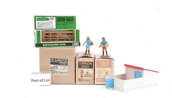 Britains Plastic Farm Range: Britains Plastic Farm Range, comprising: Cat No' 1731 - Farm Gates [4 x "6 unit" trade packs - now containing 20 x examples], Cat No' 2051 - Farmers Daughter ["12 unit" trade pack - now containing 3 x