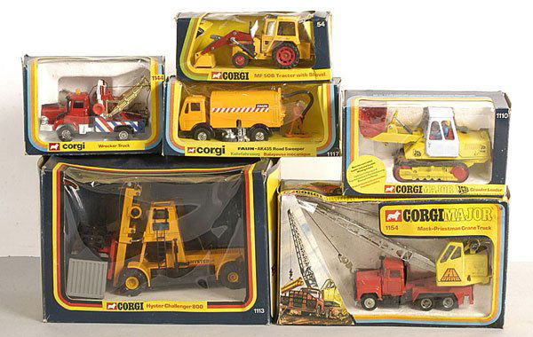 Corgi - Service and Constructional Vehicles: Corgi diecast Service and Constructional Vehicles consisting of 1117 Road Sweeper, No.54 Massey Ferguson Tractor with Shovel, 1144 Berliet Wrecker Truck, 1110 Crawler Loader, 1113 Challenger 800 and 1
