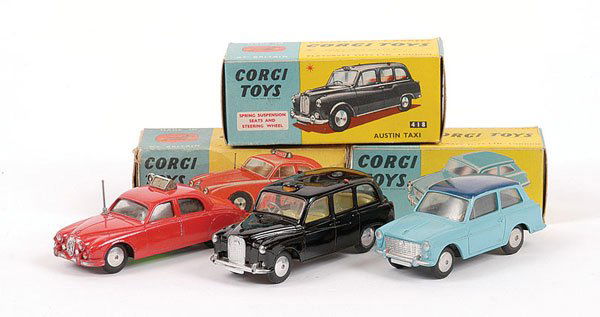 Corgi - No.213 Jaguar 2.4 "Fire Service" Car: Corgi - No.213 Jaguar 2.4 "Fire Service" Car - red, flat spun hubs, grey aerial (without decals but does have some replacement ones loose), No.216 Austin A40 Saloon - pale blue, dark blue roof, flat s