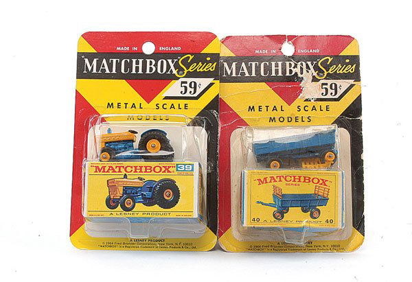 Matchbox No.39c Ford Tractor & Others: Matchbox Regular Wheels - No.39c Ford Tractor - blue, yellow hood - Excellent Plus (some factory paint chips) in generally Near Mint US issue blister pack complete with Mint type F box and No.40c Farm