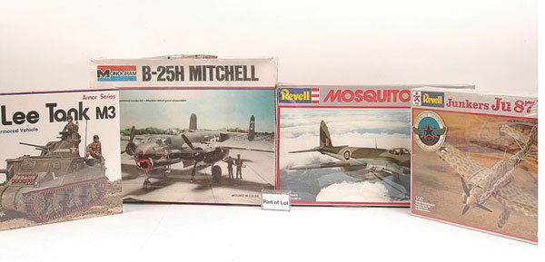 A Mixed Group of Military Related Plastic Kits: Military related plastic kits Revell, Monogram, Heller, plus others. Models include Lee Tank, Mitchell Bomber, Stuka, Kubelwagen, Amphibious Weasel, Patton Tank, plus many more - conditions are genera