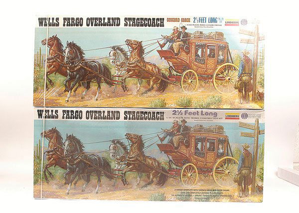 Lindberg No.351 Wells Fargo Overland Stage Coach: Lindberg No.351 Wells Fargo Overland Stage Coach - a pair of plastic model kits, both are Near Mint to Mint in Excellent to Mint colourful lift off lid boxes (still factory sealed) - both have differe